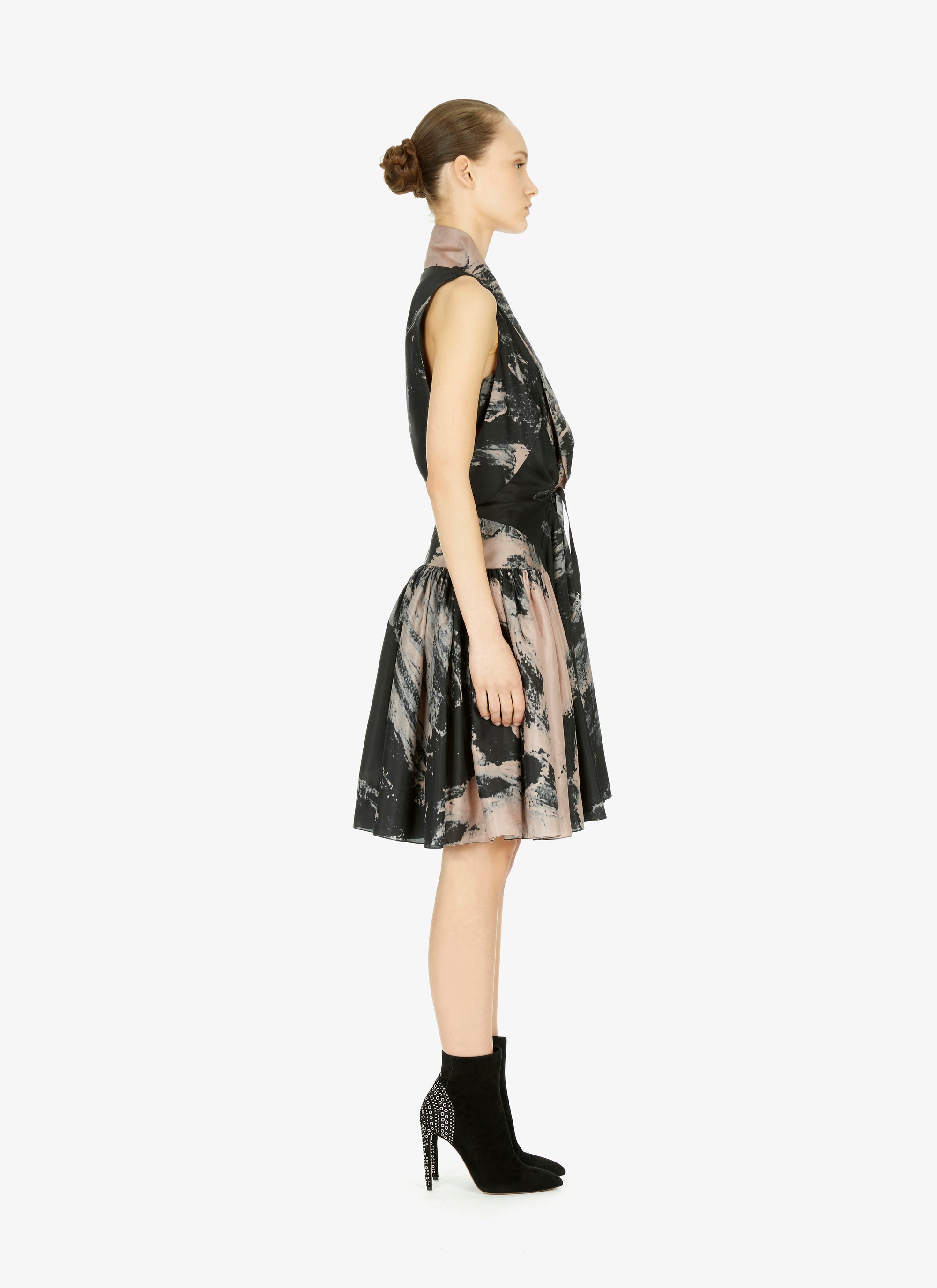 Silk floral print flared dress - Blue & Flesh