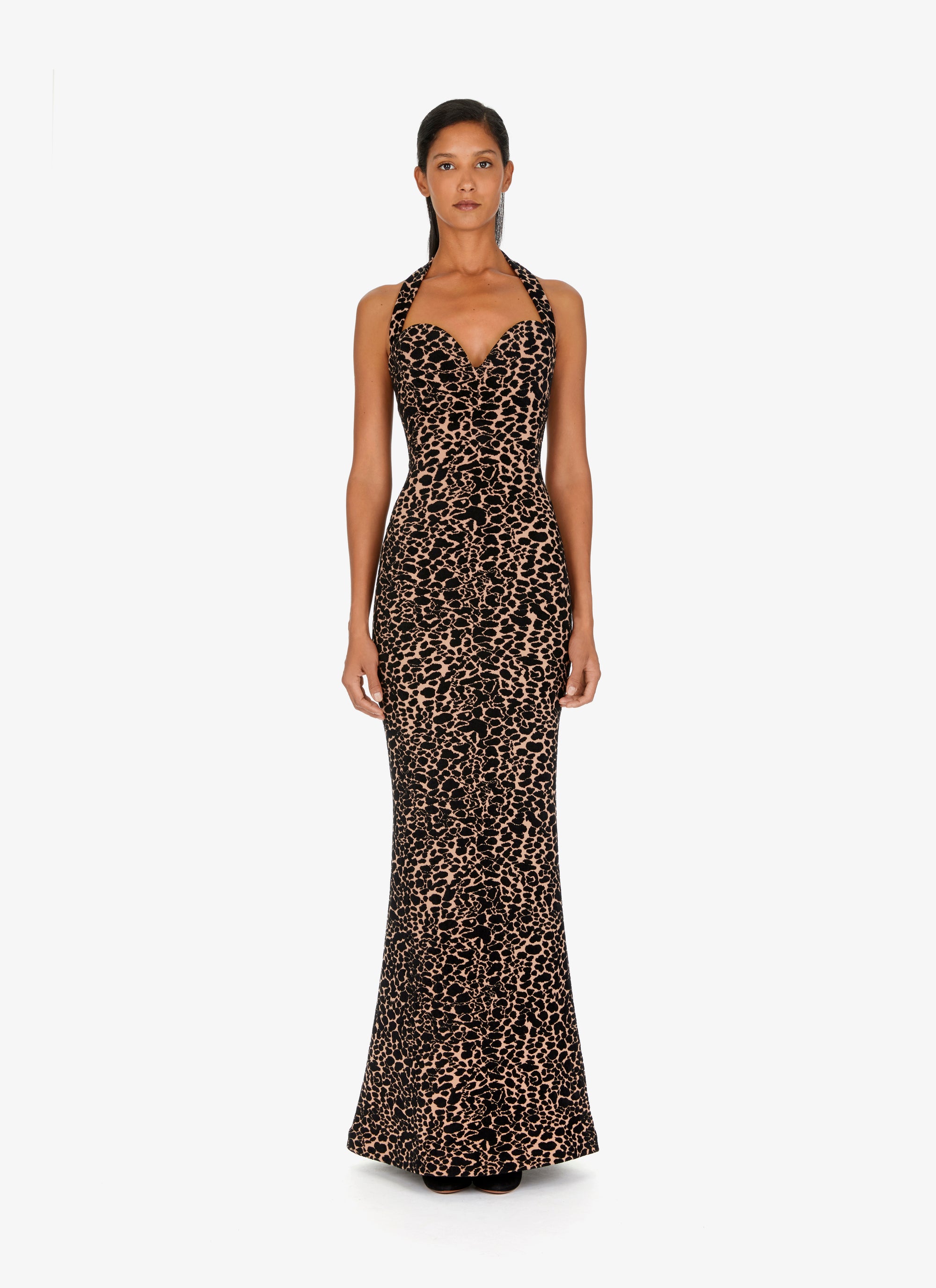 Robe longue bustier à motif panthère en laine - Chair & Noir