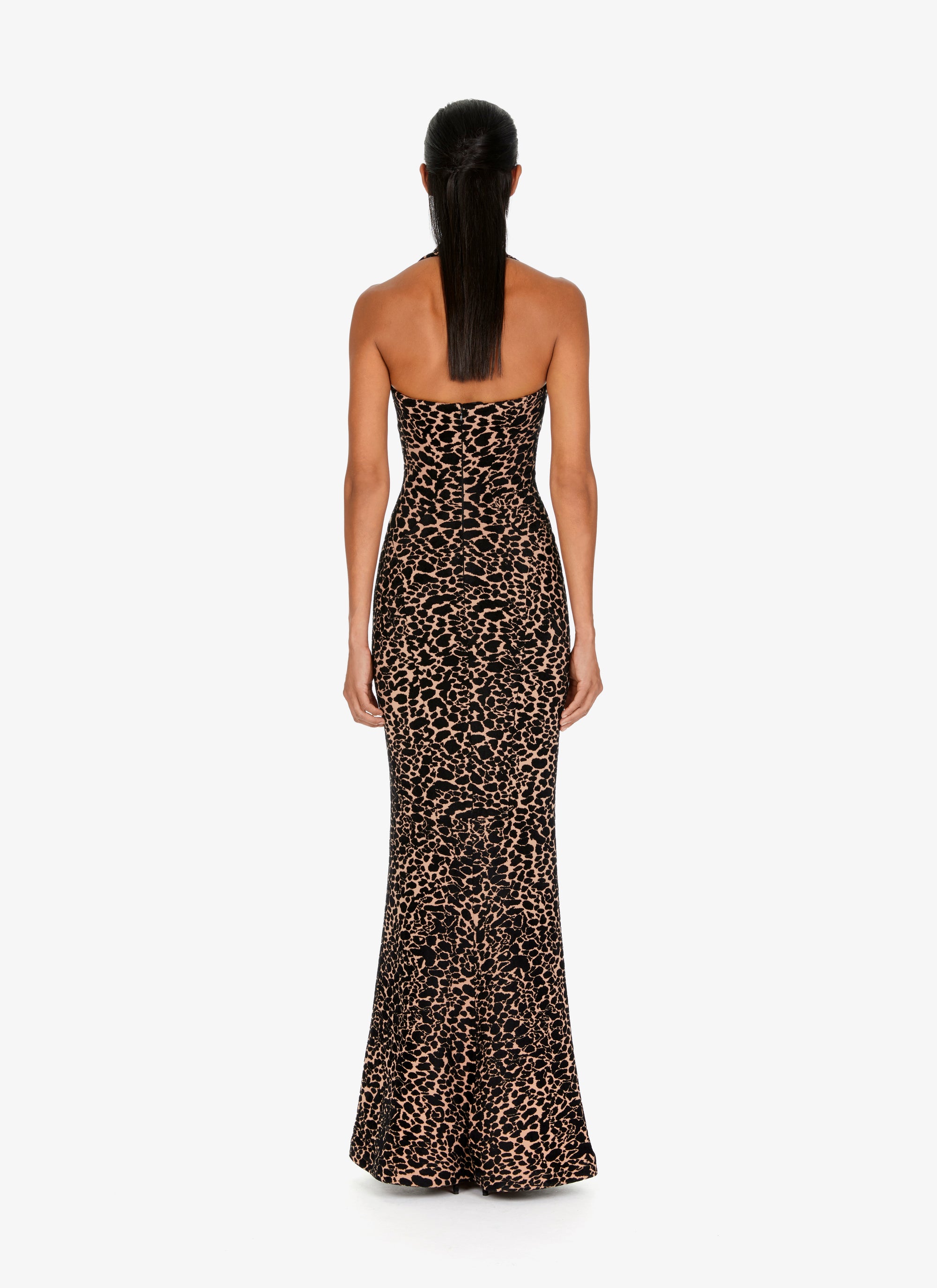 Robe longue bustier à motif panthère en laine - Chair & Noir