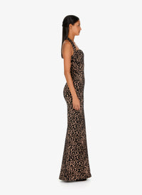 Robe longue bustier à motif panthère en laine - Chair & Noir