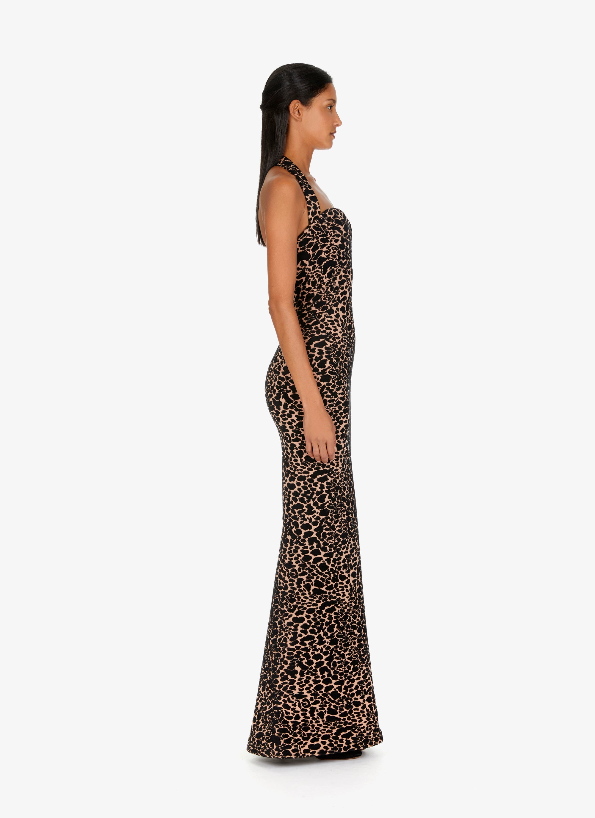 Robe longue bustier à motif panthère en laine - Chair & Noir