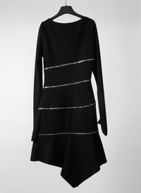 Long-sleeved zipped straight dress in wool - Black