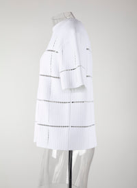 Pull manches courtes en maille et raphia - Blanc