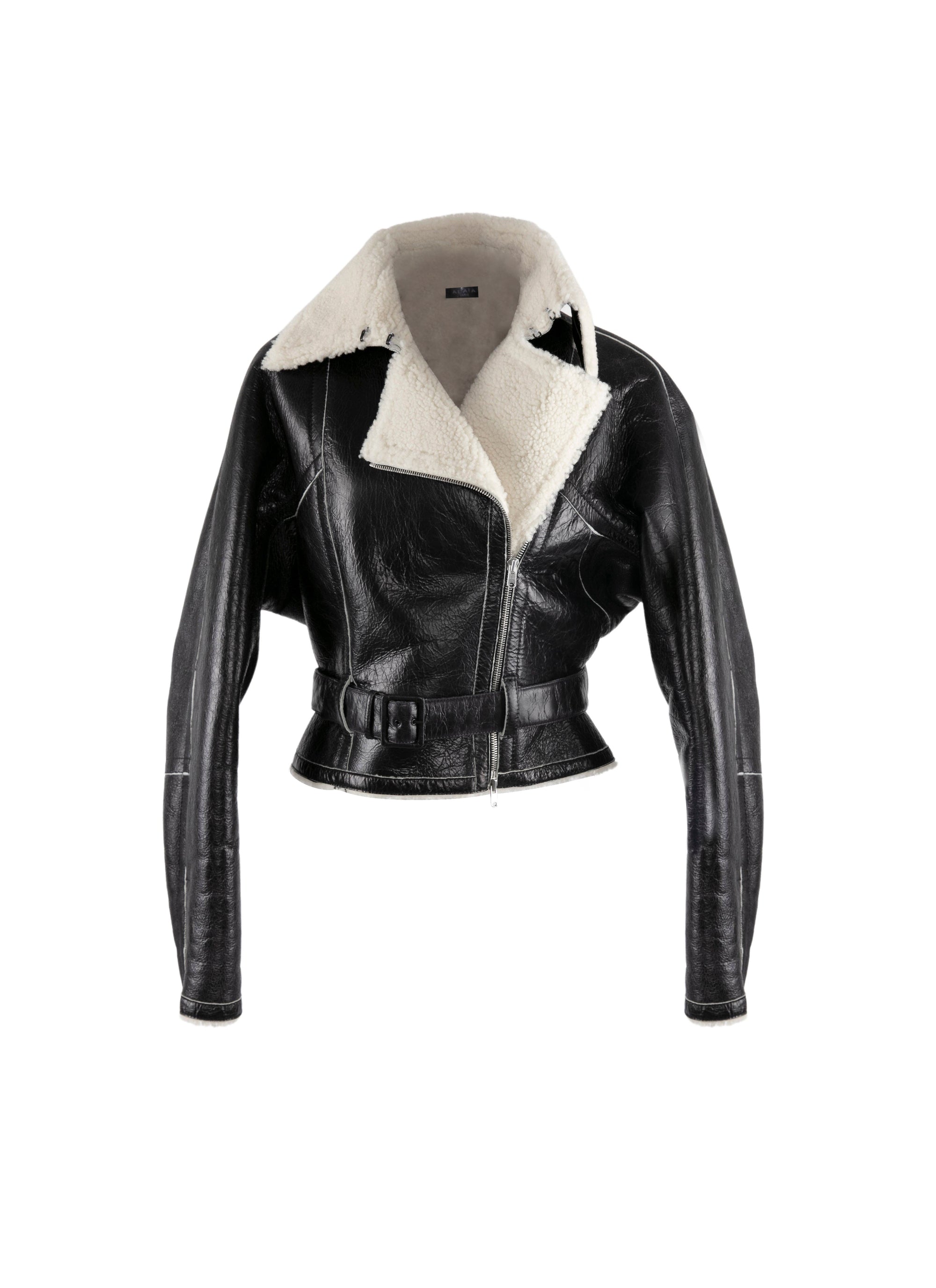 Blouson aviateur ceinturée en cuir - Noir & Blanc