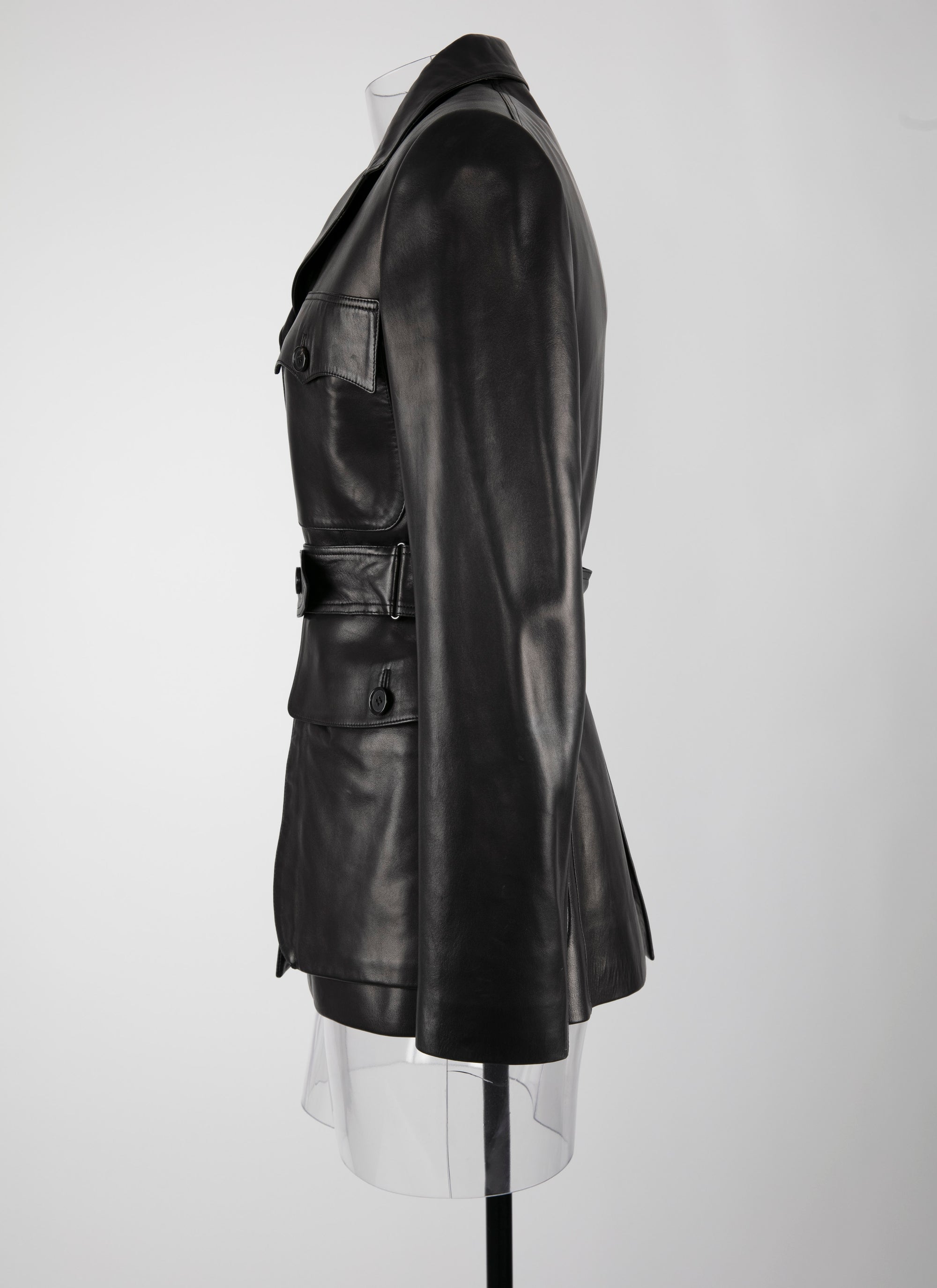 Veste plongée ceinturée en cuir - Noir