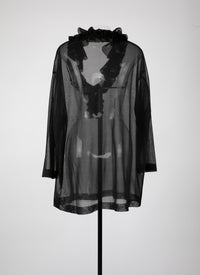 Silk frill long sleeve tunic - Black